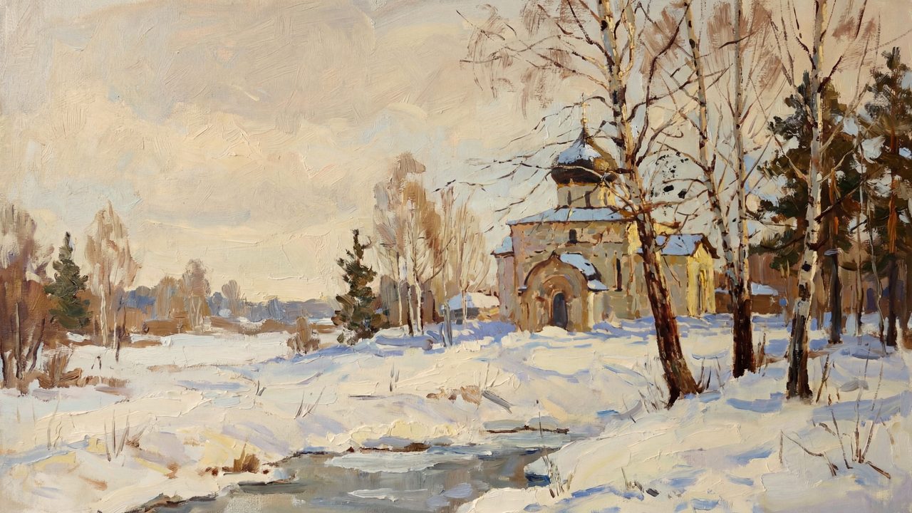 Christmas Frame TV Art, Vintage Holiday Oil Painting (Chapel by Winter Stream)