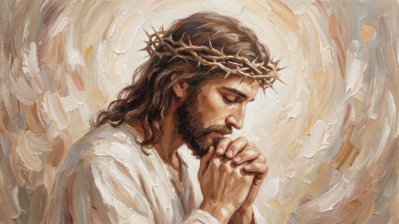 Christian Frame TV Art, Jesus Religious Oil Painting (Jesus Praying with Thorn Crown)