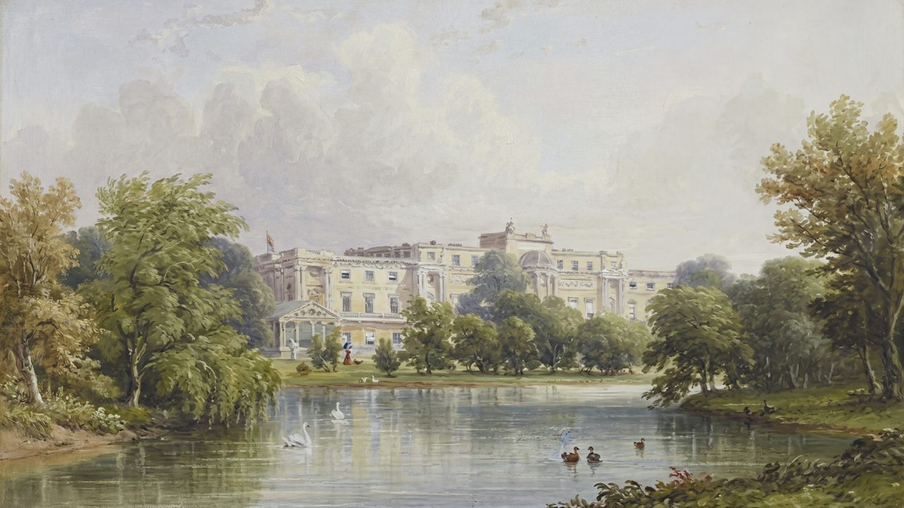 Vintage Frame TV Art, Antique Landscape Oil Painting (Palace by Lake)
