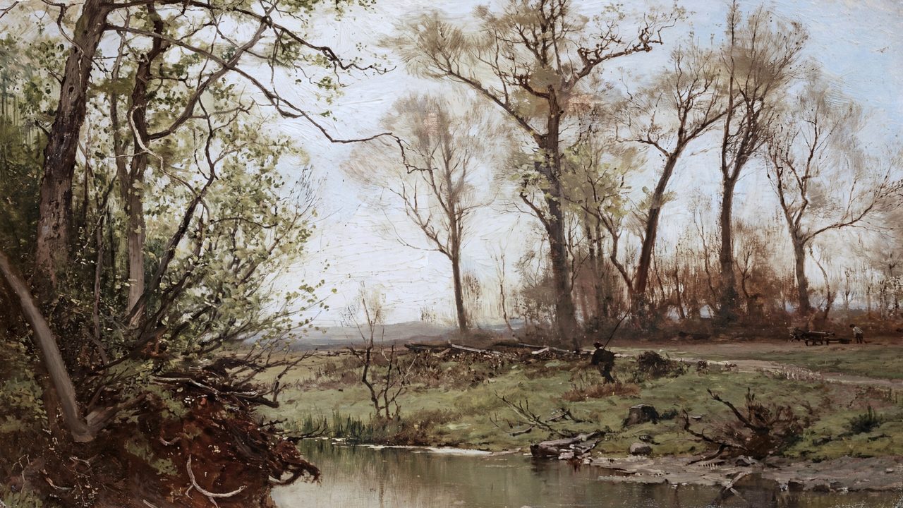 Vintage Frame TV Art, Antique Landscape Oil Painting (Riverbank with Spring Trees)