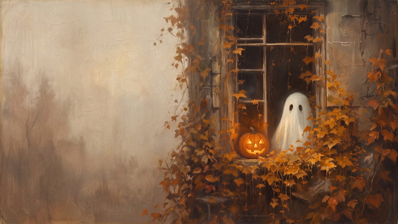 Halloween Frame TV Art, Vintage Moody Oil Painting (Ghost at Window with Pumpkin)