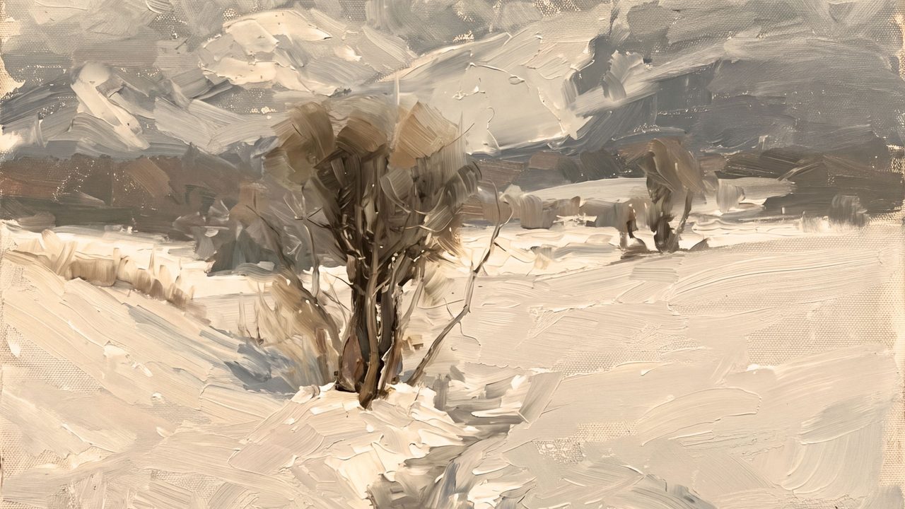 Christmas Frame TV Art, Vintage Holiday Oil Painting (Bare Shrub in Snowy Hills)