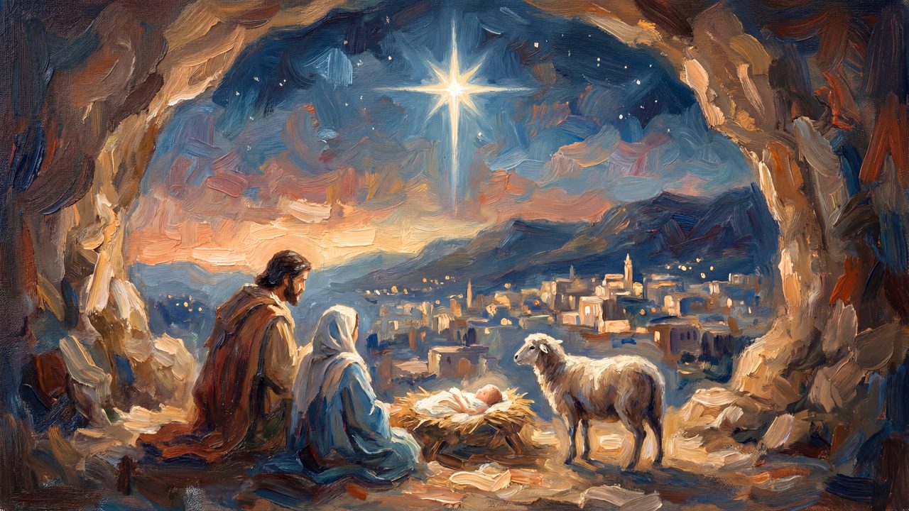 Christian Frame TV Art, Jesus Religious Oil Painting (Nativity in Cave Under Star)