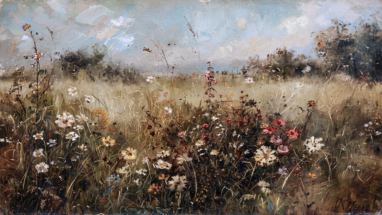 Vintage Frame TV Art, Antique Landscape Oil Painting (Wildflowers in Tall Grass)