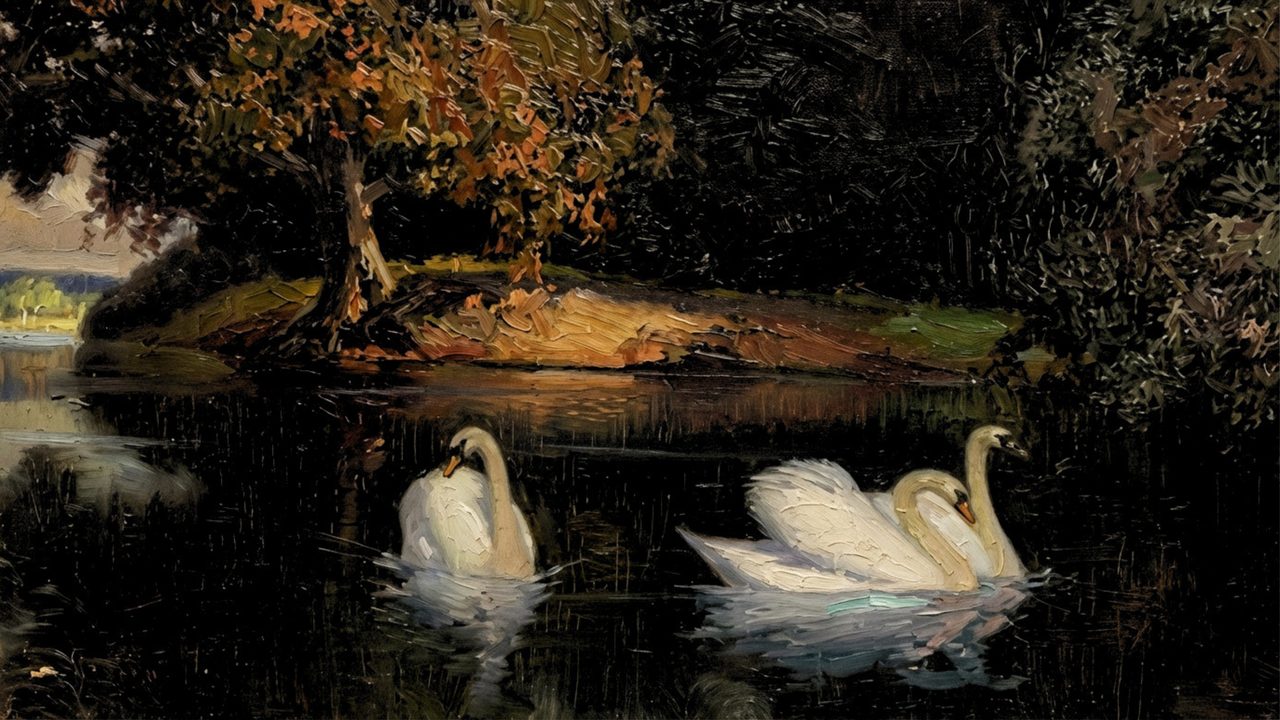 Dark Academia Frame TV Art, Moody Vintage Oil Painting (Swans on Autumn Pond)