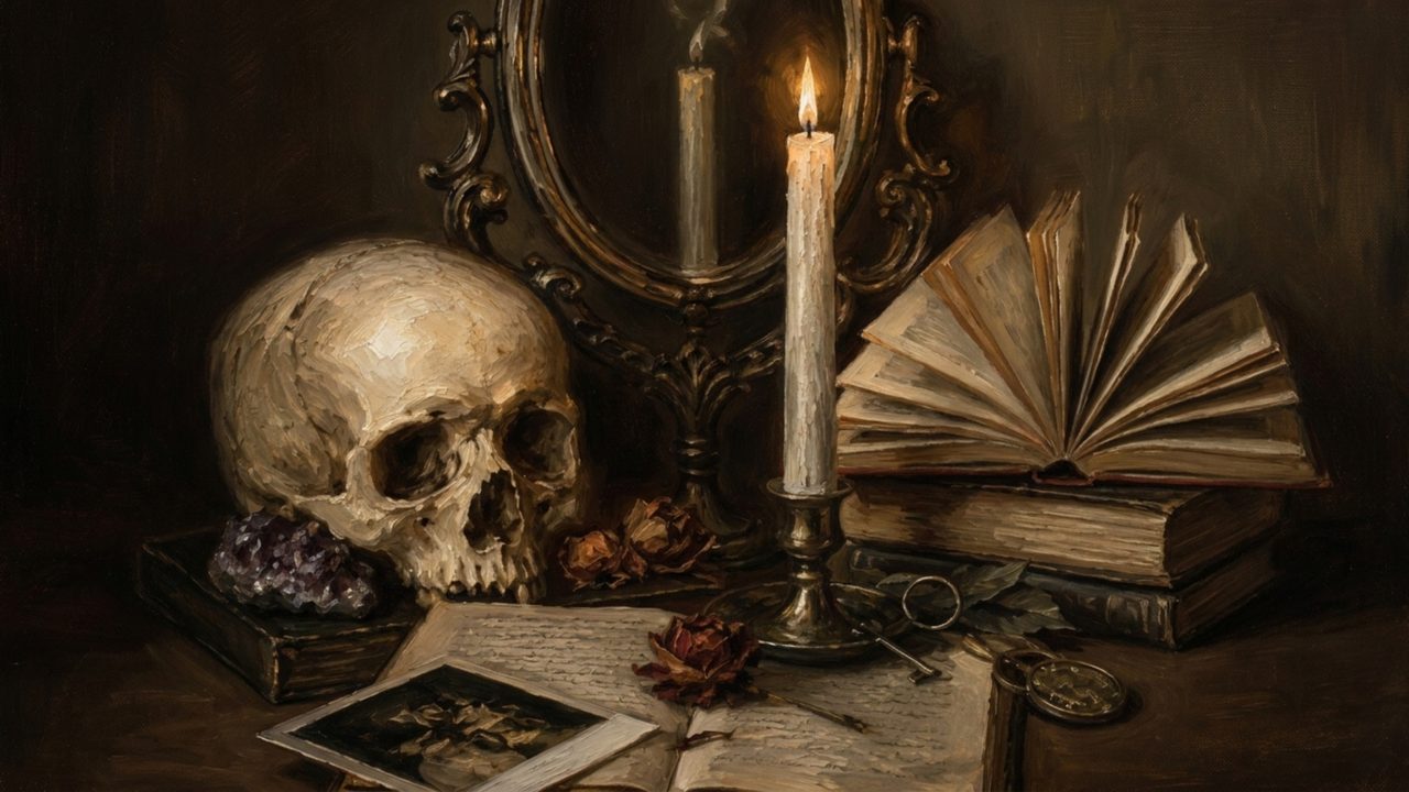 Fall Frame TV Art, Vintage Autumn Oil Painting (Skull with Candle and Books)