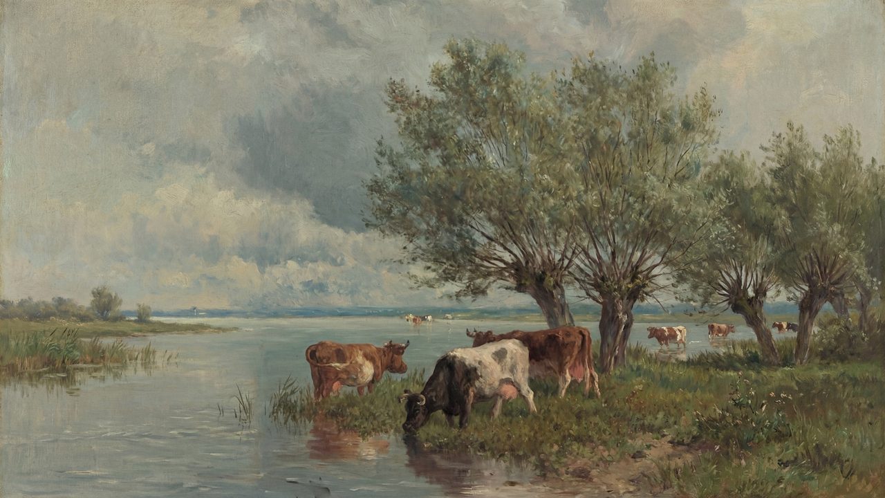 Vintage Frame TV Art, Antique Landscape Oil Painting (Cows Drinking at River)