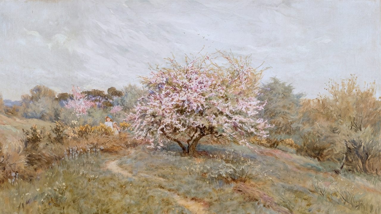 Vintage Frame TV Art, Antique Landscape Oil Painting (Blossoming Tree on Hillside)