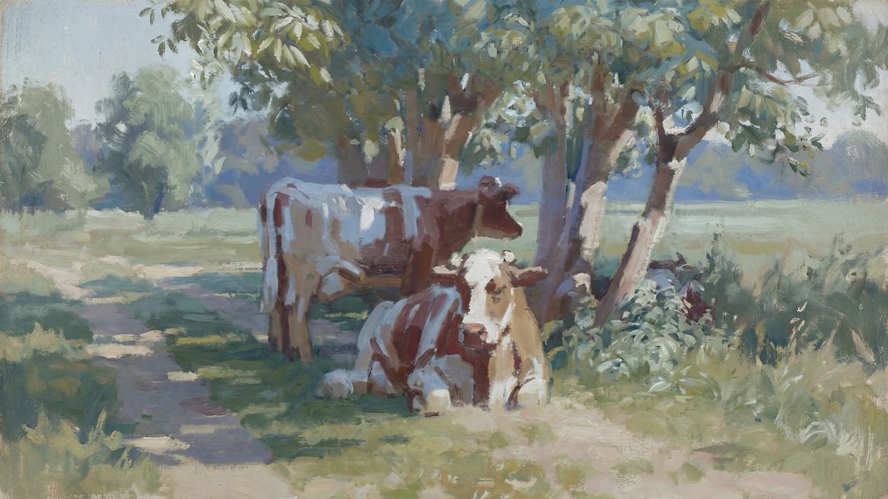 Vintage Frame TV Art, Antique Landscape Oil Painting (Cows Resting Under Trees)