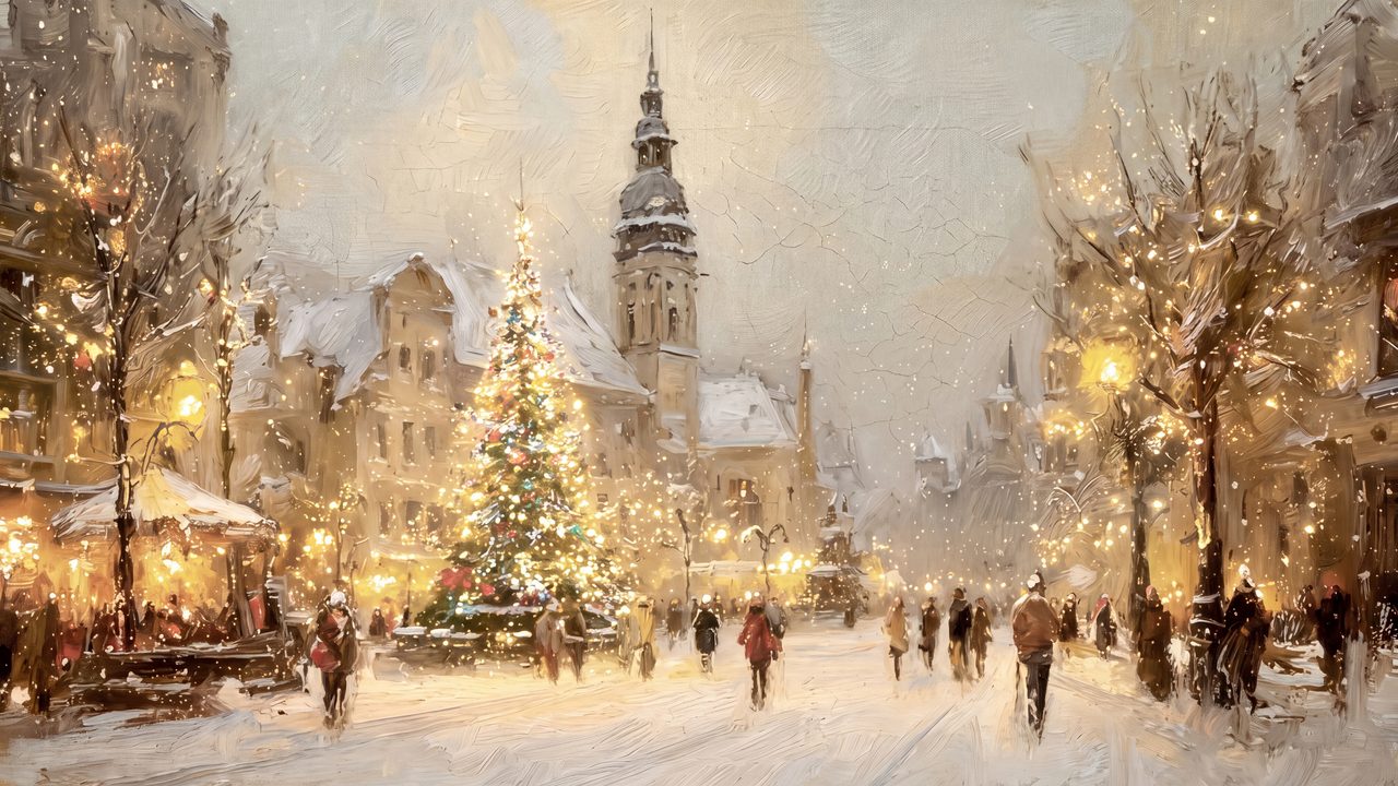 Christmas Frame TV Art, Vintage Holiday Oil Painting (Christmas Market Town Square 2)