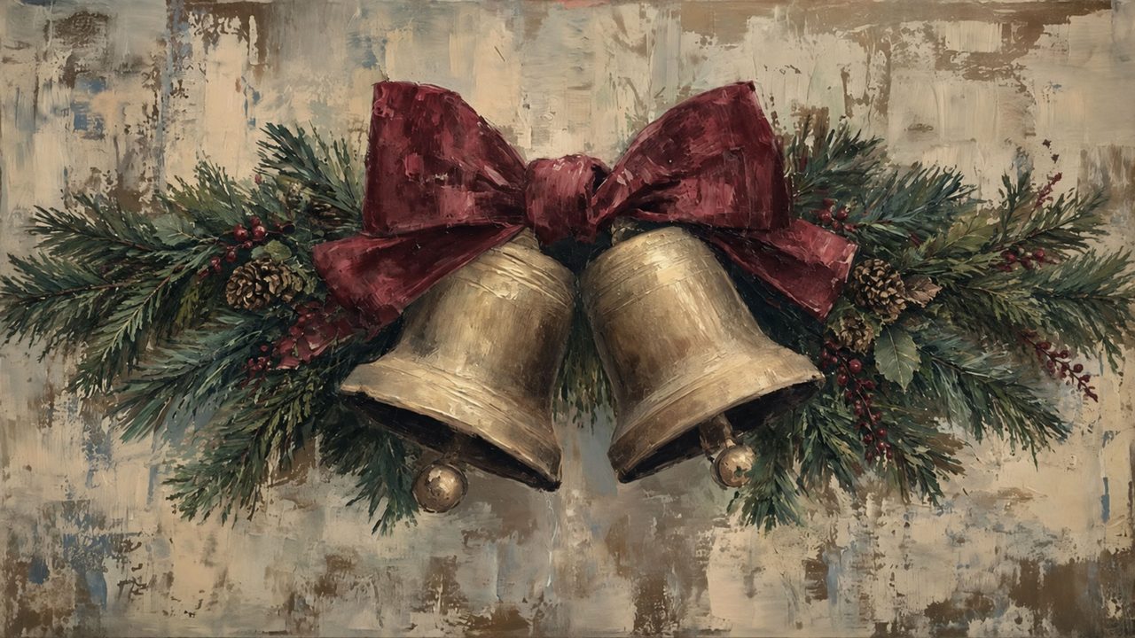 Christmas Frame TV Art, Vintage Holiday Oil Painting (Brass Bells with Red Bow)