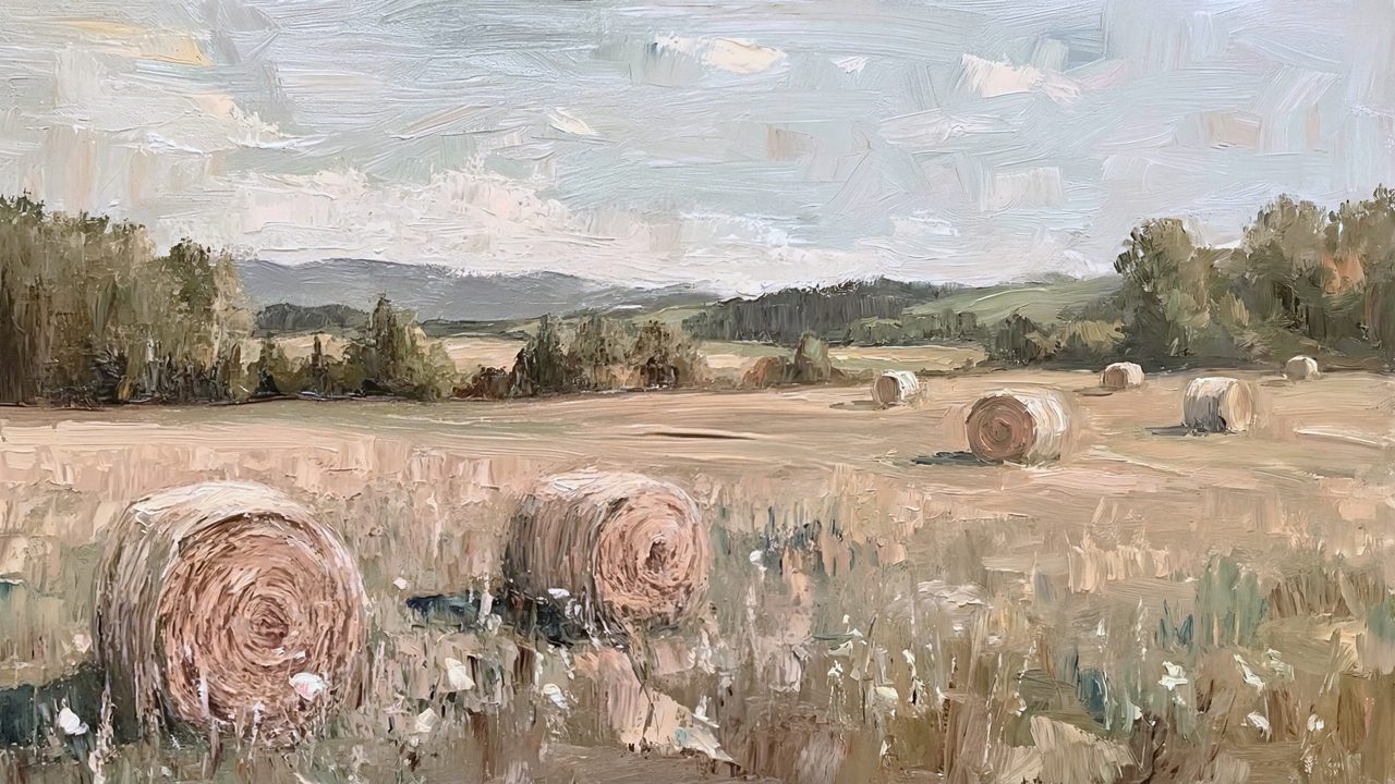 Vintage Frame TV Art, Antique Landscape Oil Painting (Hay Bales in Field)