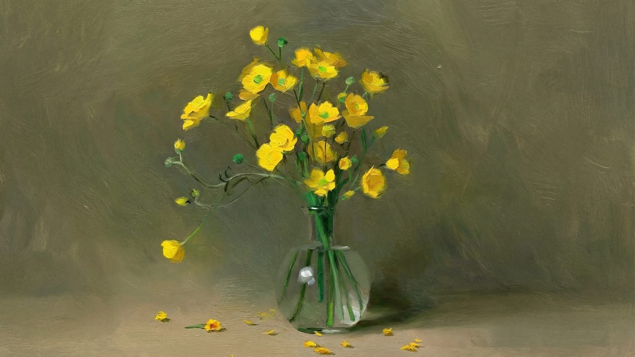Vintage Frame TV Art, Antique Landscape Oil Painting (Yellow Buttercups in Vase)