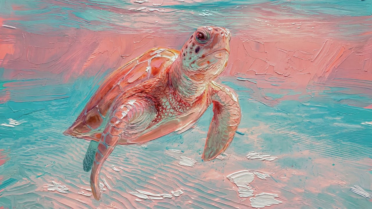 Summer Frame TV Art, Coastal Beach Oil Painting (Sea Turtle Swimming)