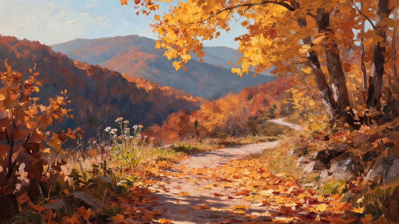 Fall Frame TV Art, Vintage Autumn Oil Painting (Mountain Trail in Autumn)