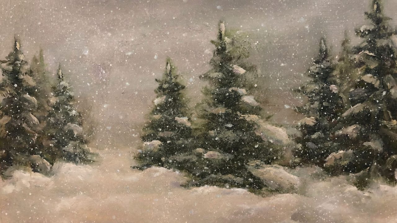 Christmas Frame TV Art, Vintage Holiday Oil Painting (Pine Trees in Snowfall)