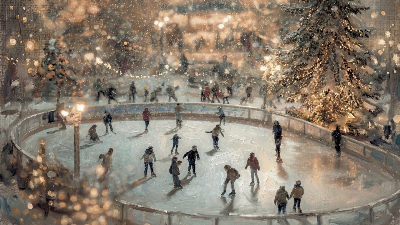 Winter Frame TV Art, Vintage Snowy Landscape Oil Painting (Ice Skating Rink with Lights)