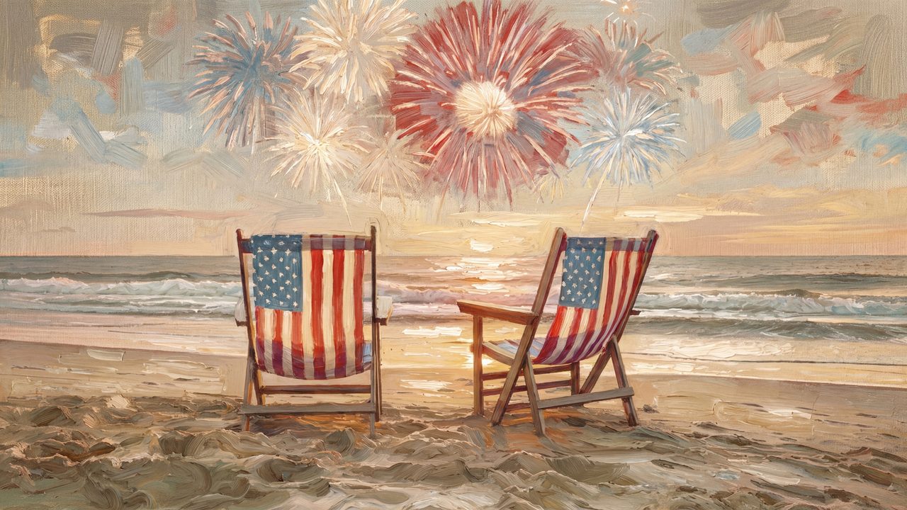 4th of July Frame TV Art, Patriotic American Oil Painting (Beach Chairs Under Fireworks)