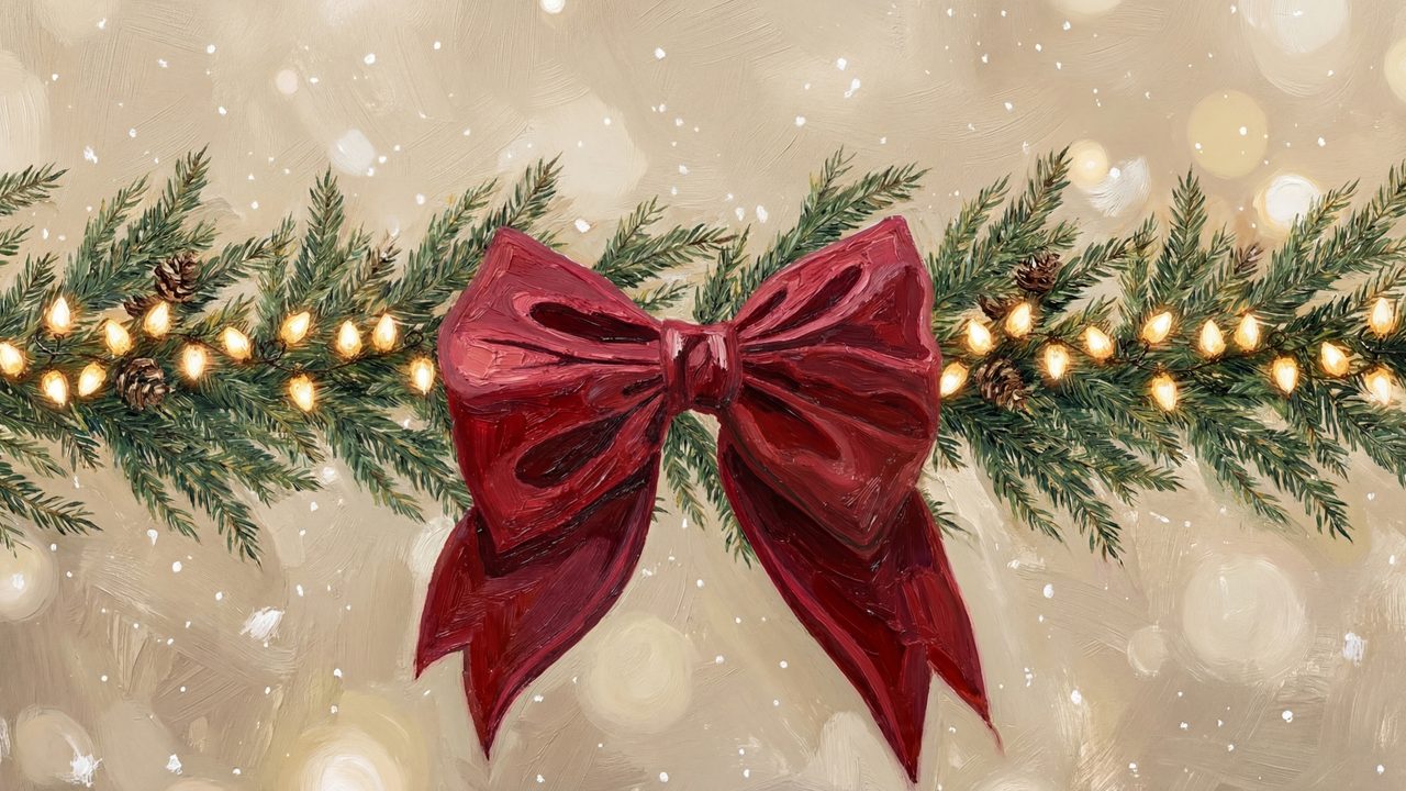 Christmas Frame TV Art, Vintage Holiday Oil Painting (Red Bow on Garland)