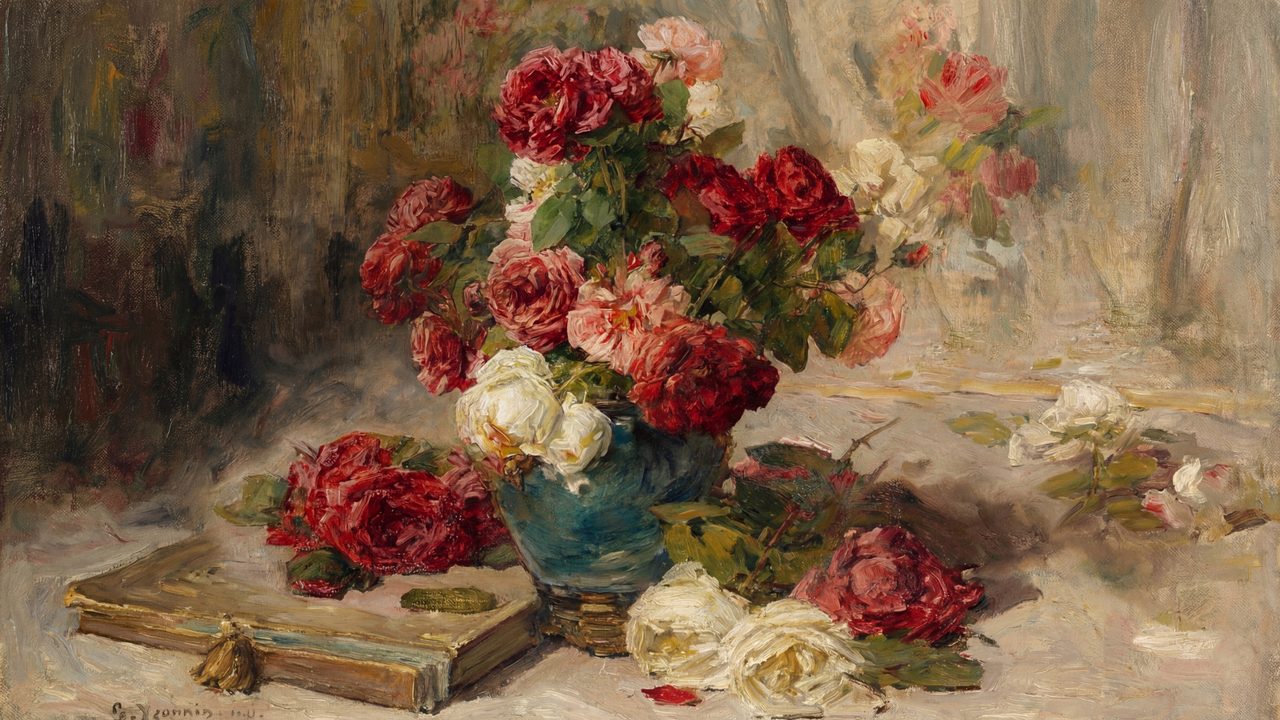 Valentine Frame TV Art, Romantic Vintage Oil Painting (Red and White Roses in Vase)