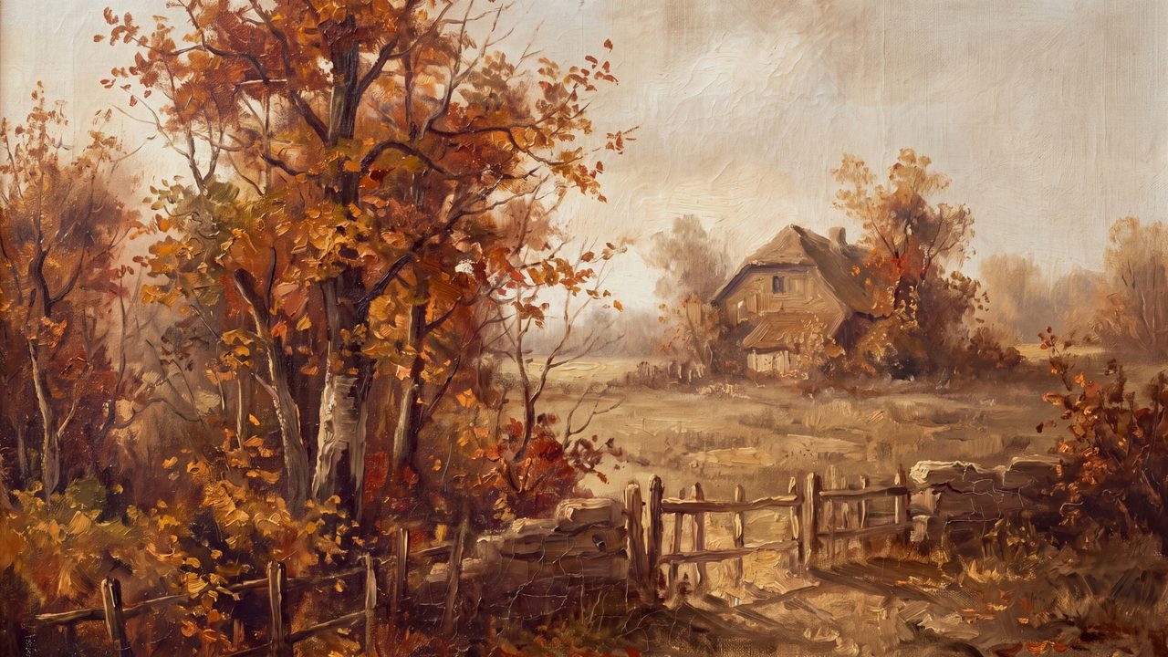 Fall Frame TV Art, Vintage Autumn Oil Painting (Autumn Cottage with Gate)