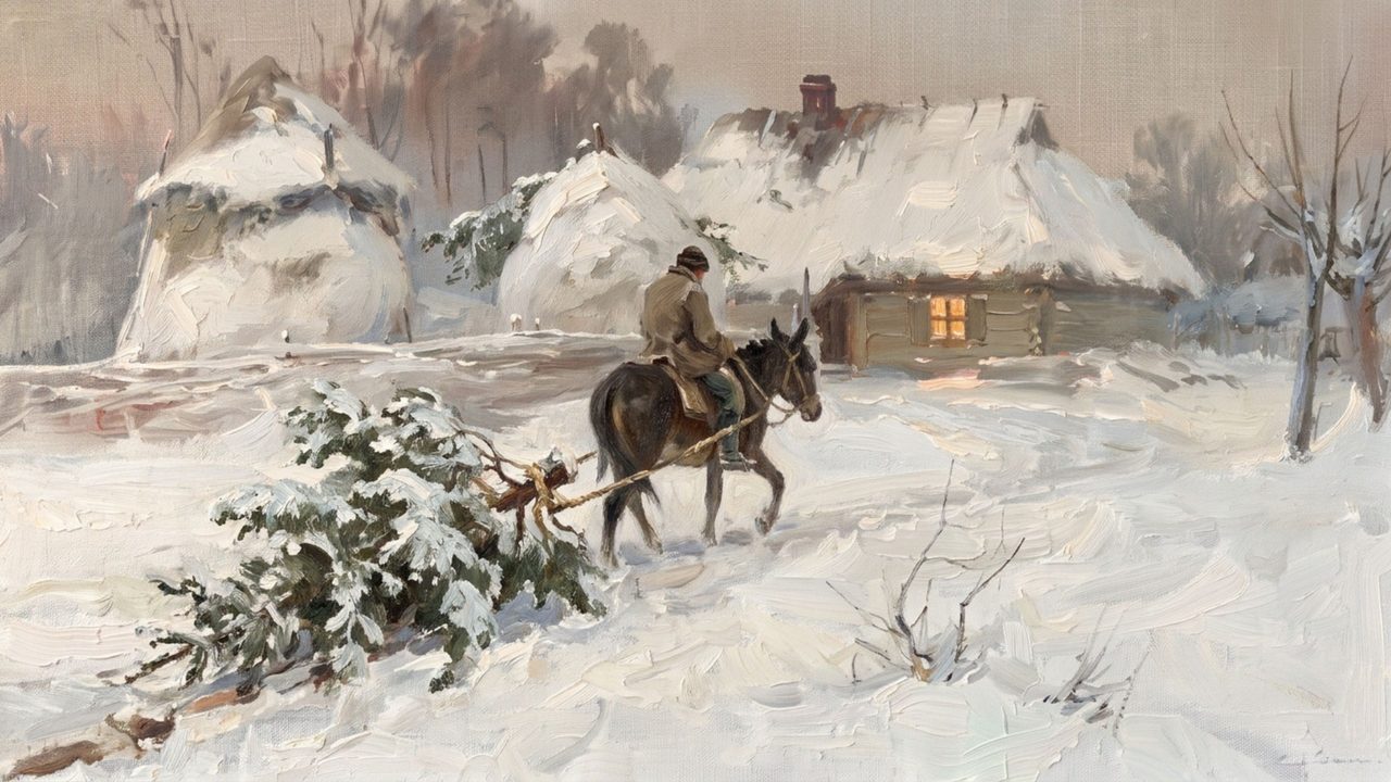 Christmas Frame TV Art, Vintage Holiday Oil Painting (Donkey Pulling Christmas Tree)