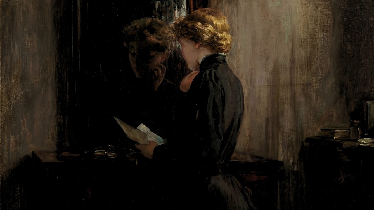Dark Academia Frame TV Art, Moody Vintage Oil Painting (Woman Reading Letter)