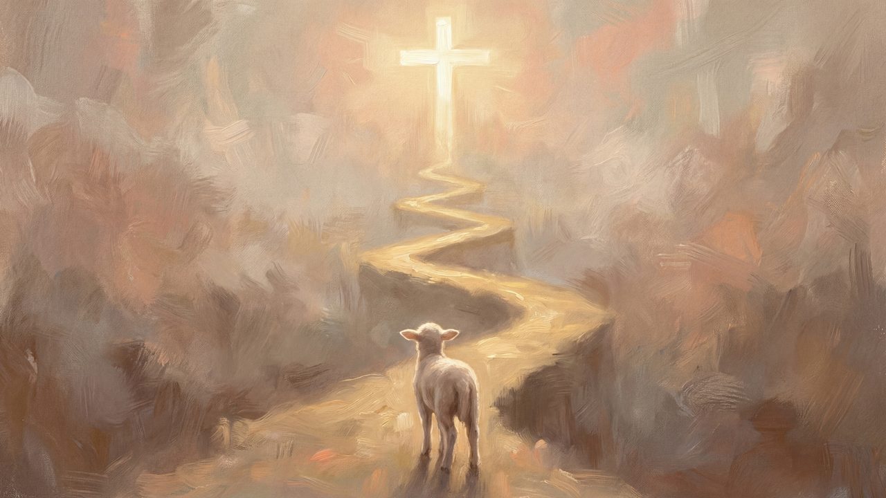 Christian Frame TV Art, Jesus Religious Oil Painting (Lamb on Path to Glowing Cross)