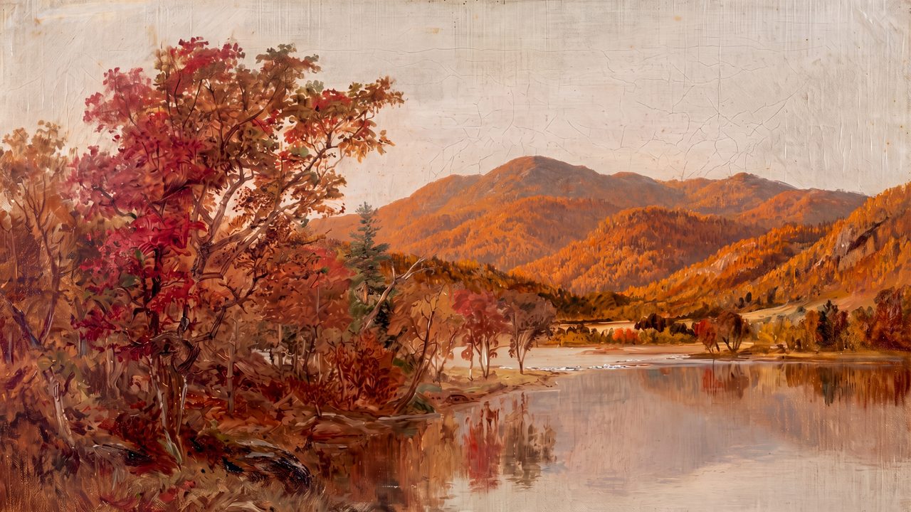 Fall Frame TV Art, Vintage Autumn Oil Painting (Autumn Mountains by Lake)