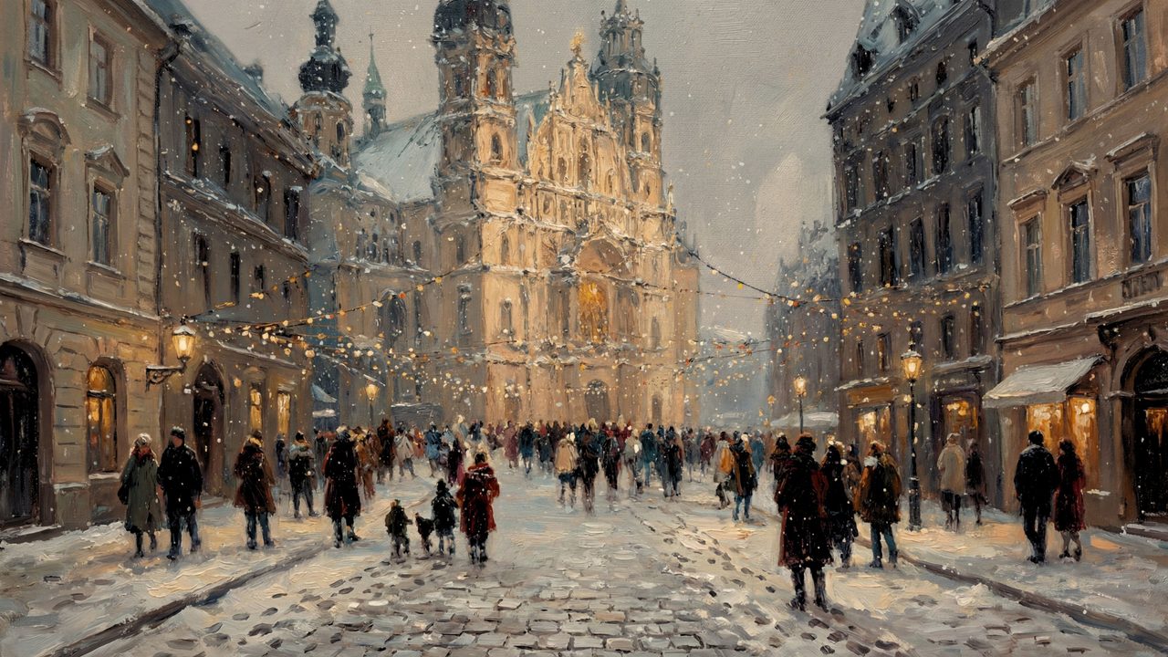 Christmas Frame TV Art, Vintage Holiday Oil Painting (Cathedral Street in Winter)