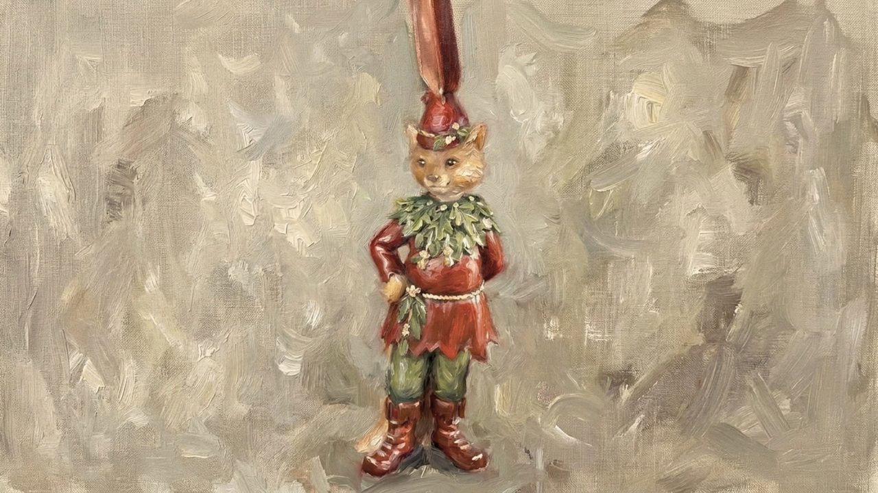 Christmas Frame TV Art, Vintage Holiday Oil Painting (Elf Ornament)