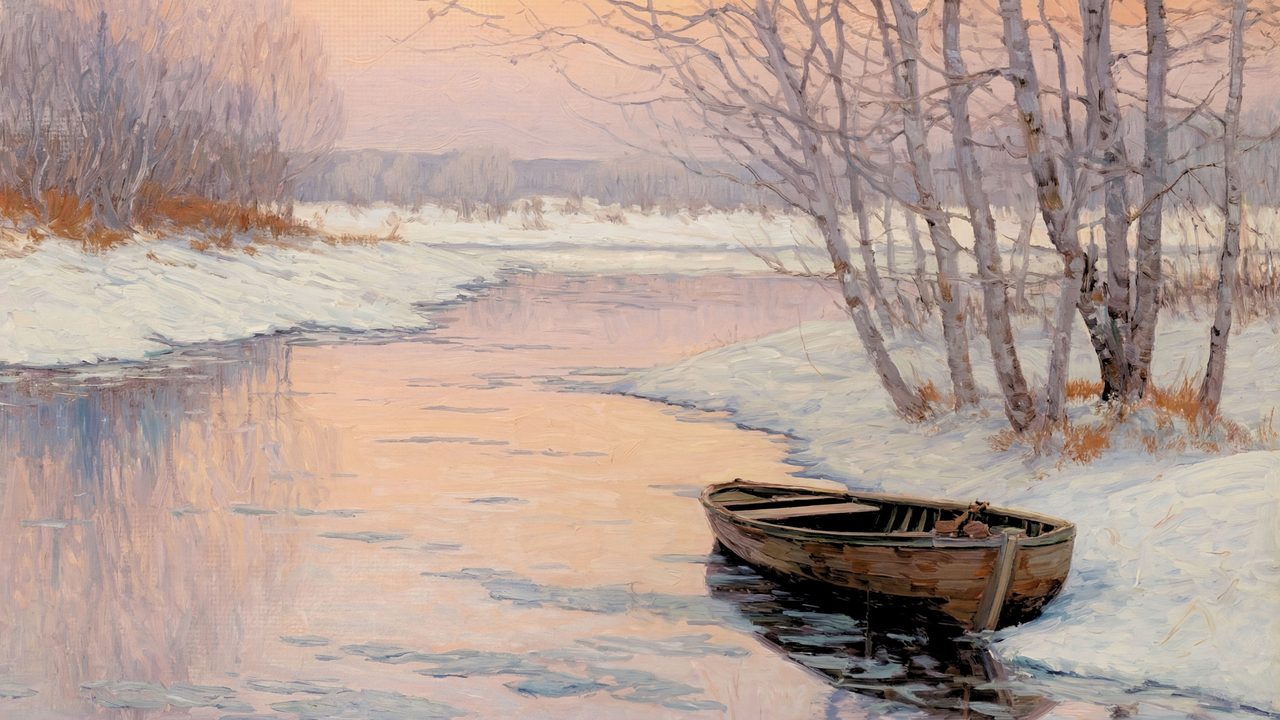 Christmas Frame TV Art, Vintage Holiday Oil Painting (Rowboat on Pink Winter River)