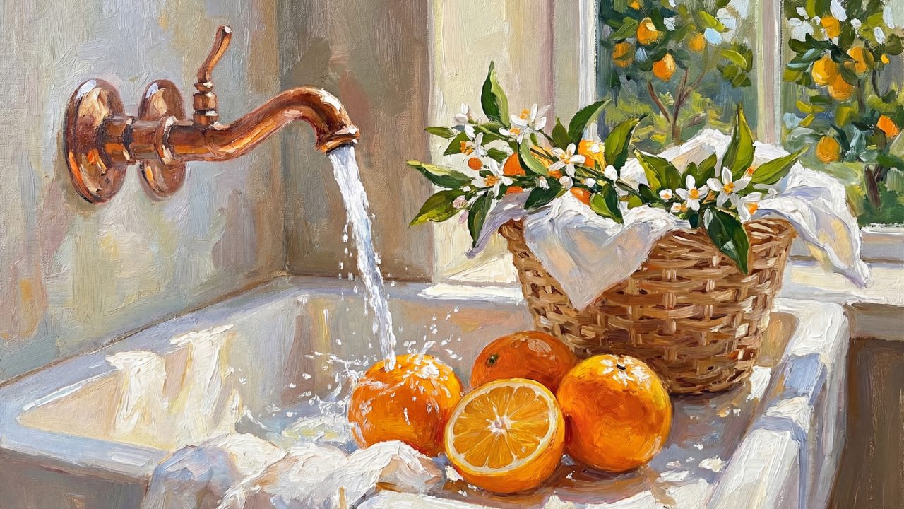 Spring Frame TV Art, Vintage Floral Landscape Oil Painting (Oranges in Farmhouse Sink)