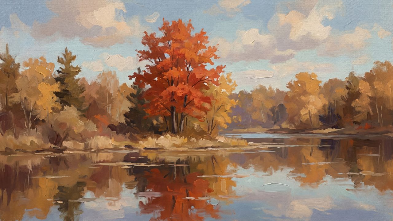 Fall Frame TV Art, Vintage Autumn Oil Painting (Red Tree Reflected in Lake)