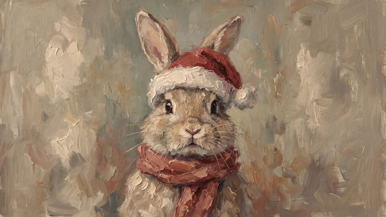 Christmas Frame TV Art, Vintage Holiday Oil Painting (Bunny in Santa Hat)