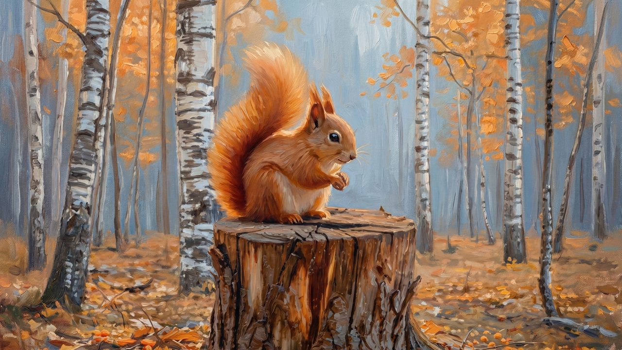 Fall Frame TV Art, Vintage Autumn Oil Painting (Squirrel on Tree Stump)
