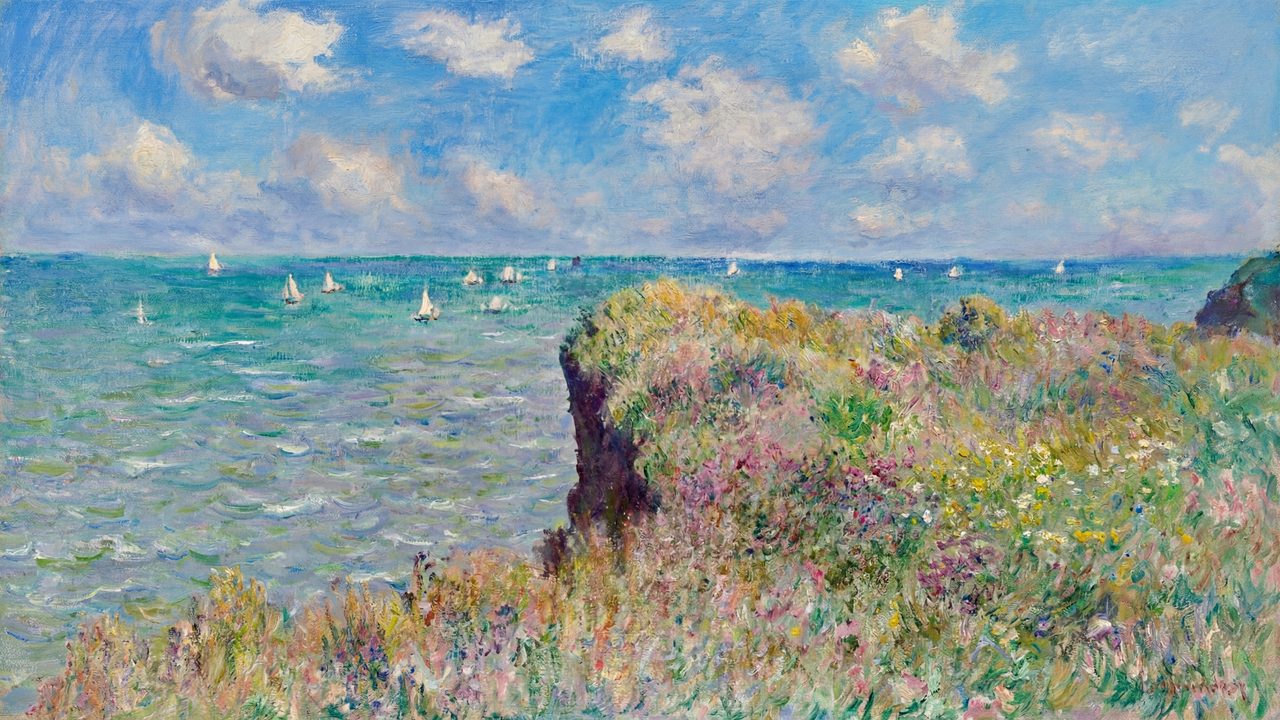 Spring Frame TV Art, Vintage Floral Landscape Oil Painting (Grassy Cliff over Sea)