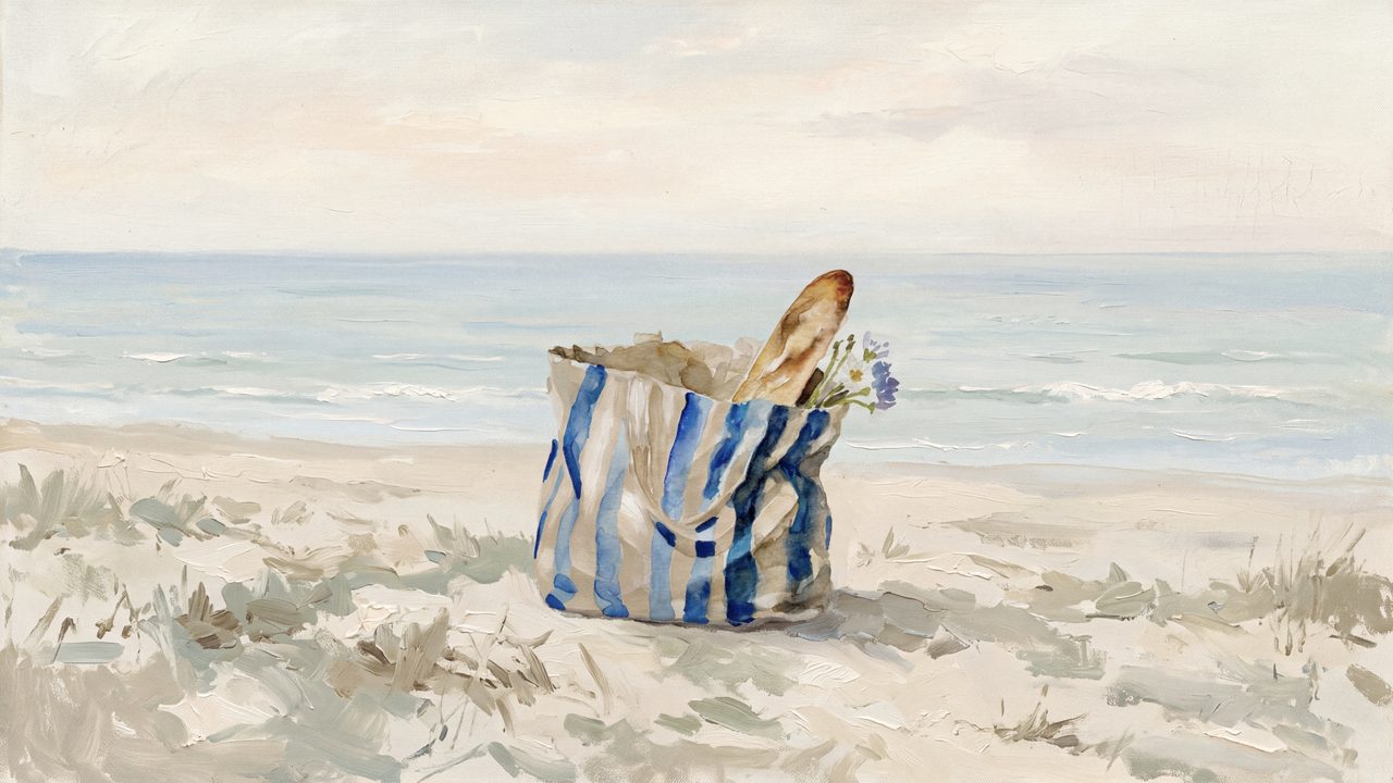 Summer Frame TV Art, Coastal Beach Oil Painting (Striped Beach Bag on Sand)