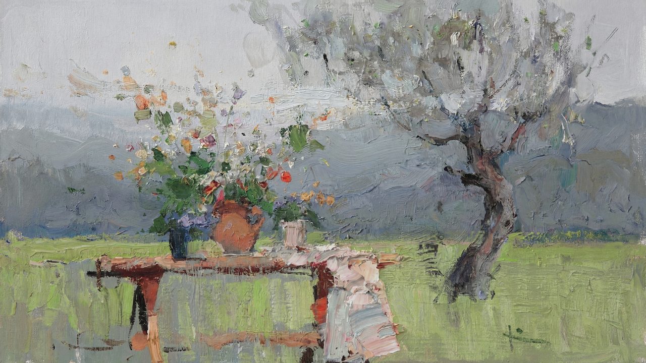 Vintage Frame TV Art, Antique Landscape Oil Painting (Flowers on Garden Table)