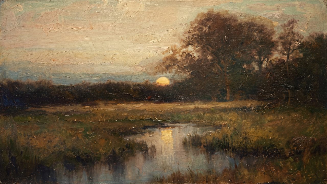 Fall Frame TV Art, Vintage Autumn Oil Painting (Marsh at Sunset)