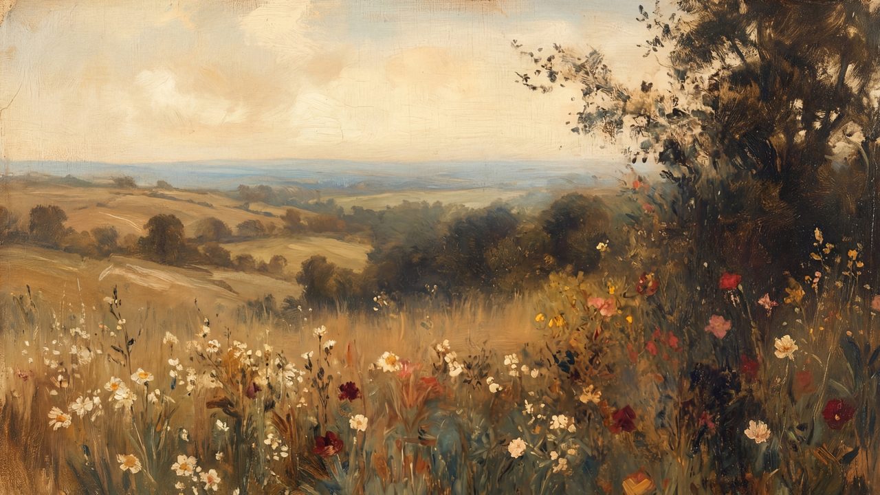 Rustic Frame TV Art, Farmhouse Country Oil Painting (Wildflower Hills at Dusk)