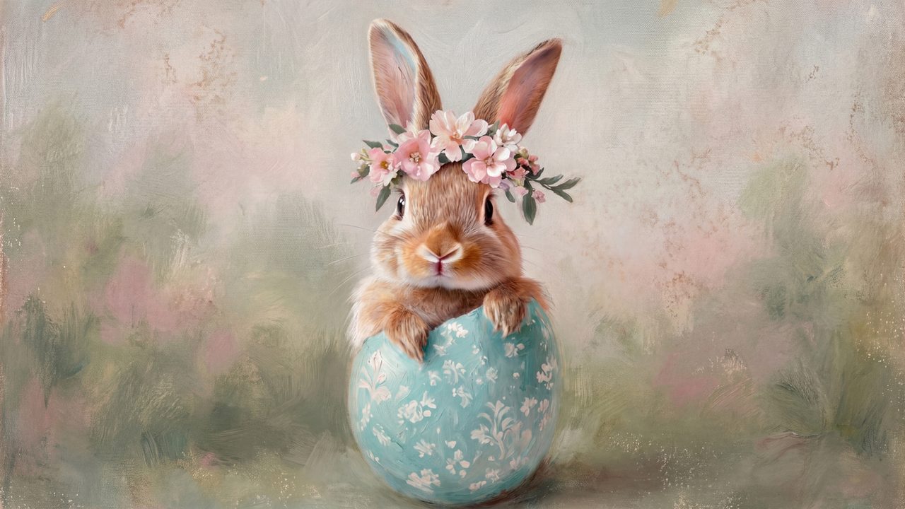 Easter Frame TV Art, Pastel Spring Oil Painting (Bunny in Easter Egg)