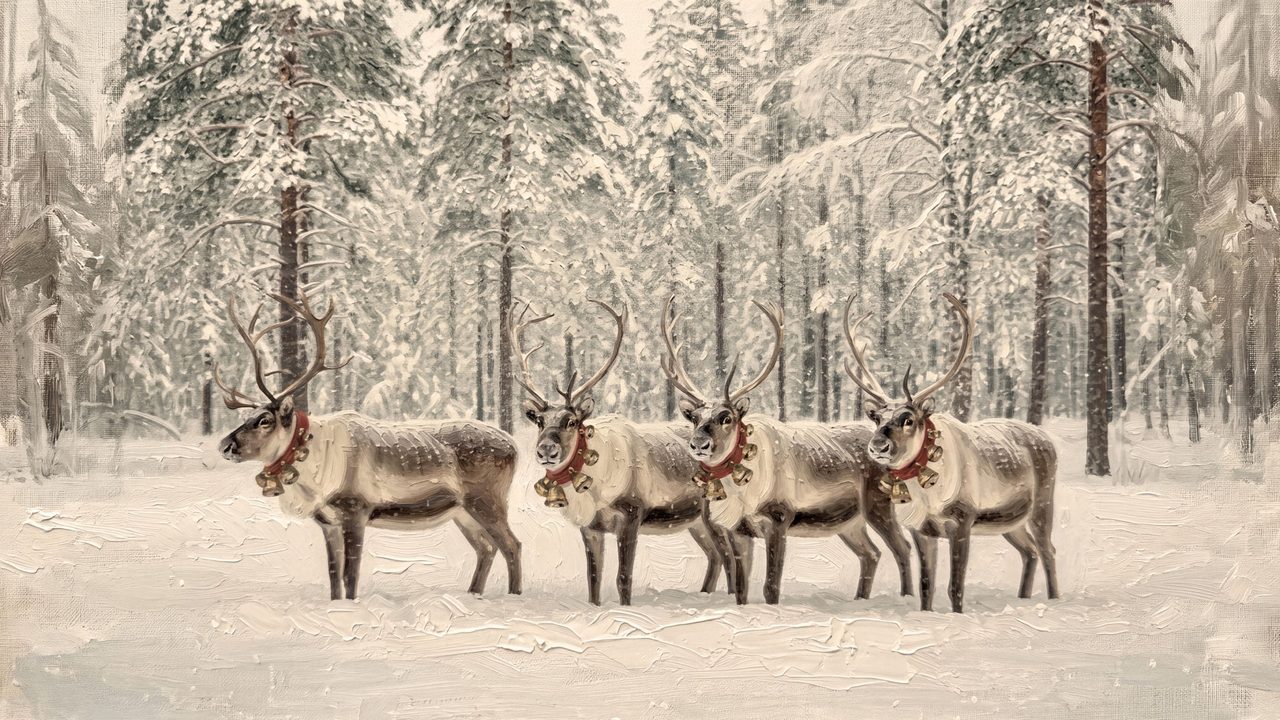 Christmas Frame TV Art, Vintage Holiday Oil Painting (Reindeer in Snowy Forest)