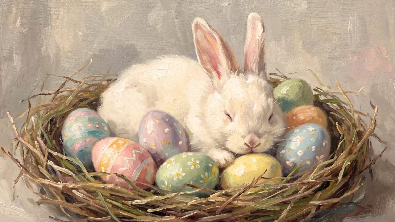Easter Frame TV Art, Pastel Spring Oil Painting (Bunny Sleeping in Egg Nest)