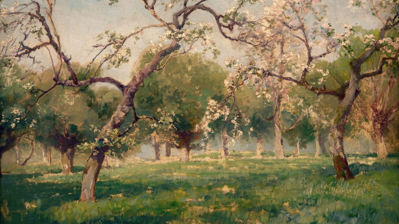 Spring Frame TV Art, Vintage Floral Landscape Oil Painting (Old Orchard in Spring)