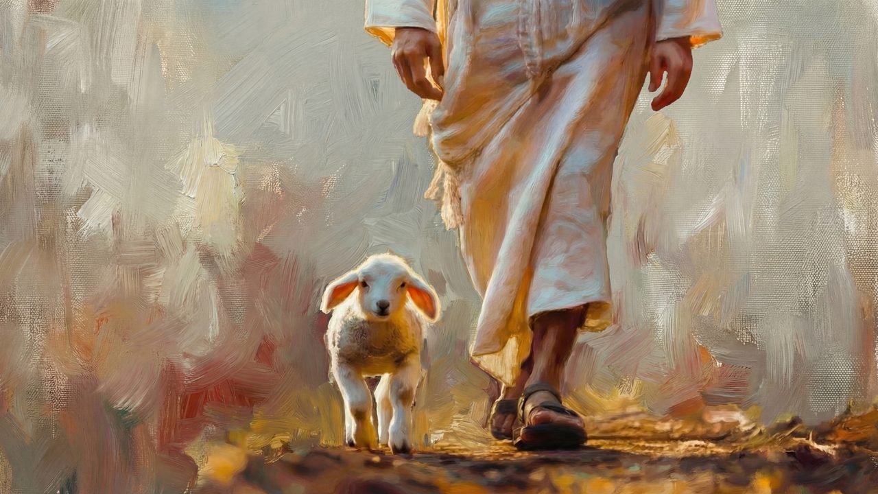 Christian Frame TV Art, Jesus Religious Oil Painting (Jesus Walking with Lamb)