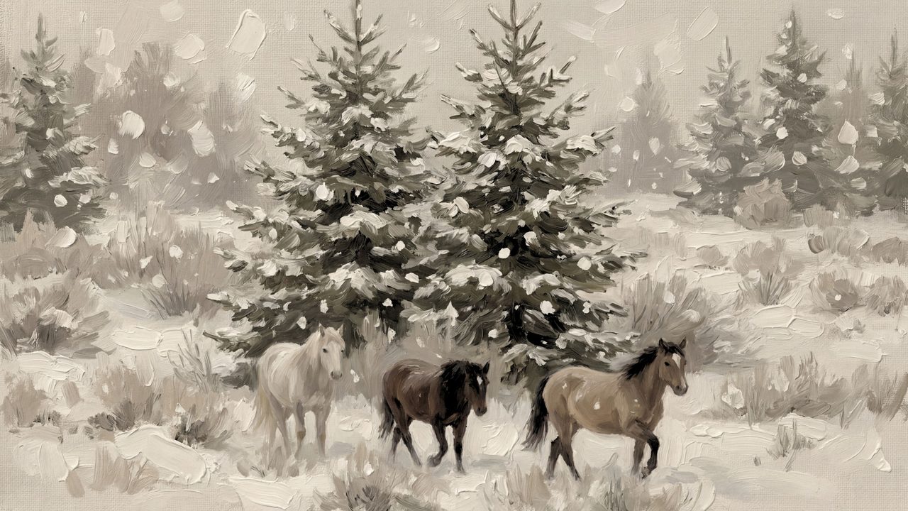 Christmas Frame TV Art, Vintage Holiday Oil Painting (Horses Among Snowy Pines)