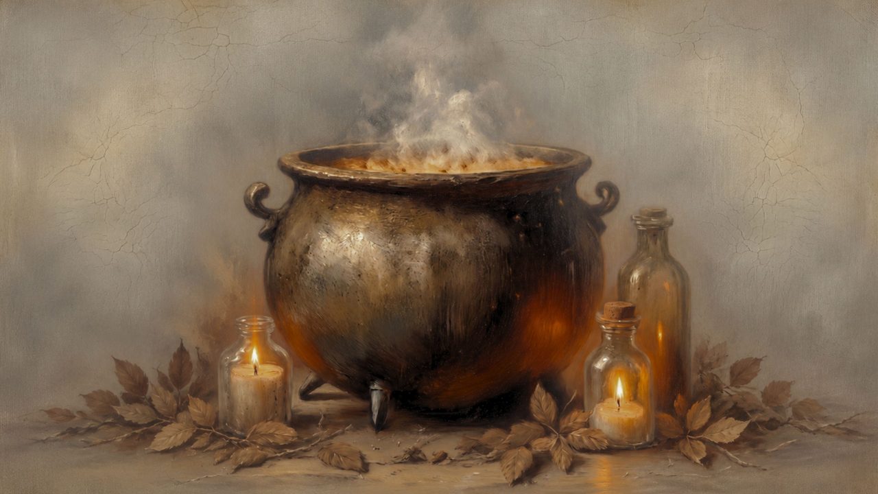 Halloween Frame TV Art, Vintage Moody Oil Painting (Steaming Witch Cauldron)