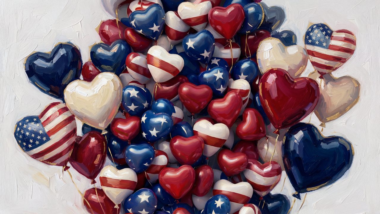 4th of July Frame TV Art, Patriotic American Oil Painting (Patriotic Heart Balloons)