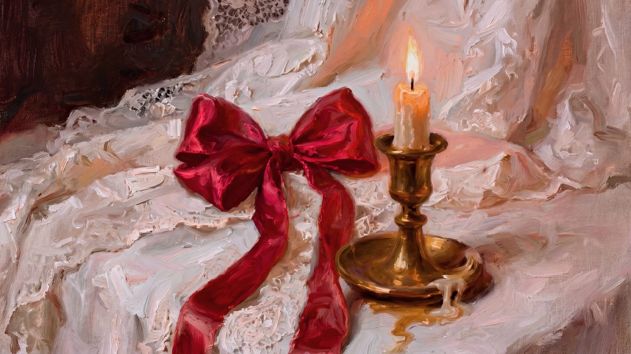 Valentine Frame TV Art, Romantic Vintage Oil Painting (Red Ribbon and Candle on Lace)